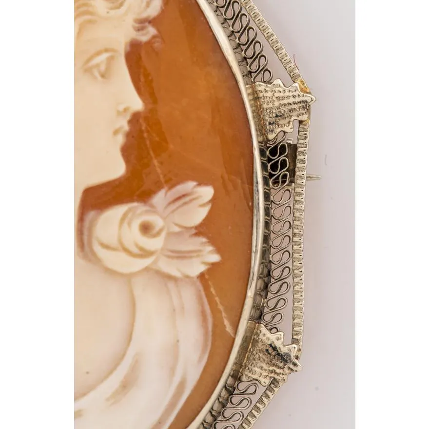 14k White Gold Shell Cameo Brooch