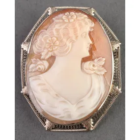 14k White Gold Shell Cameo Brooch