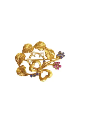 18Kt Gold Sapphire Ruby Pearl Vintage Brooch