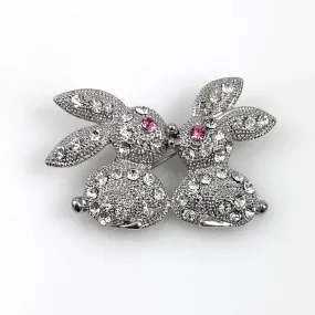 Adorable Rhinestone Bunnies Brooch Vintage