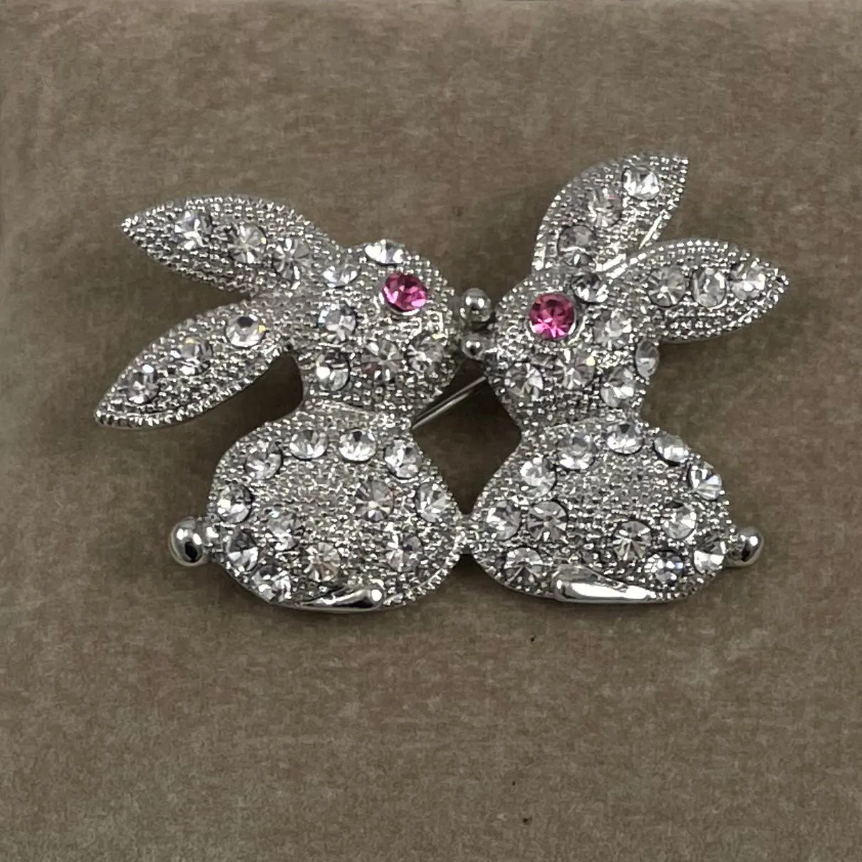 Adorable Rhinestone Bunnies Brooch Vintage