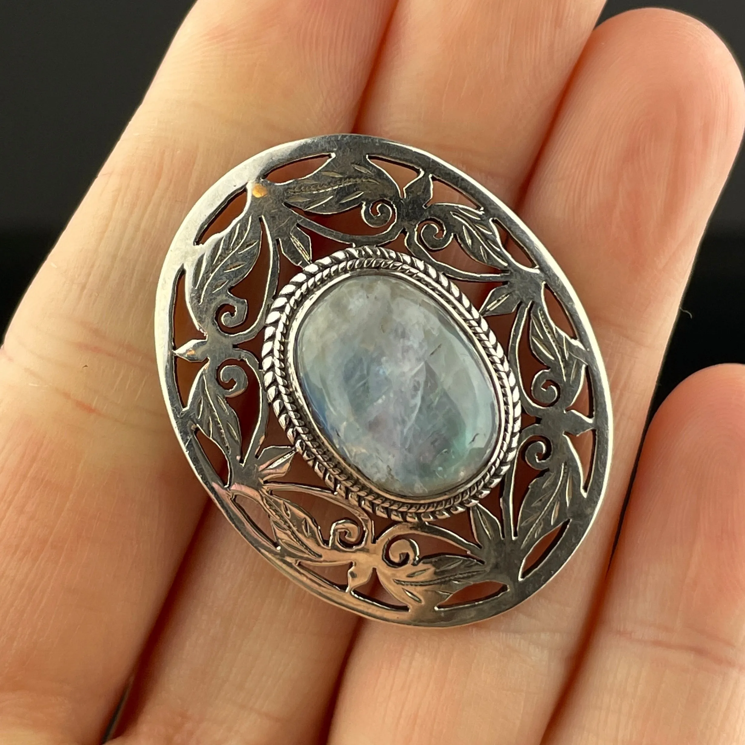 Antique Silver Leaf Rainbow Moonstone Brooch Pin