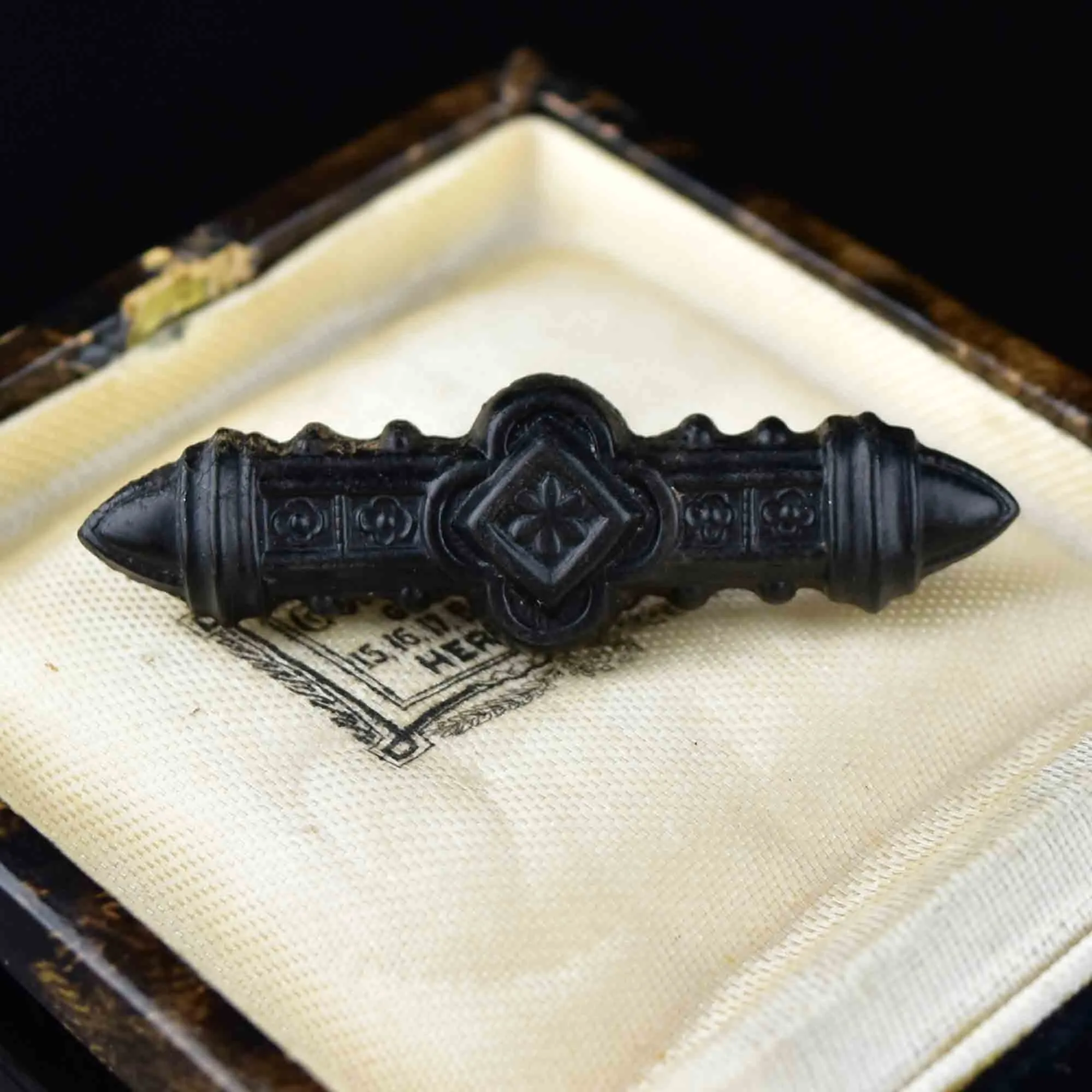 Antique Victorian Carved Bog Oak Brooch