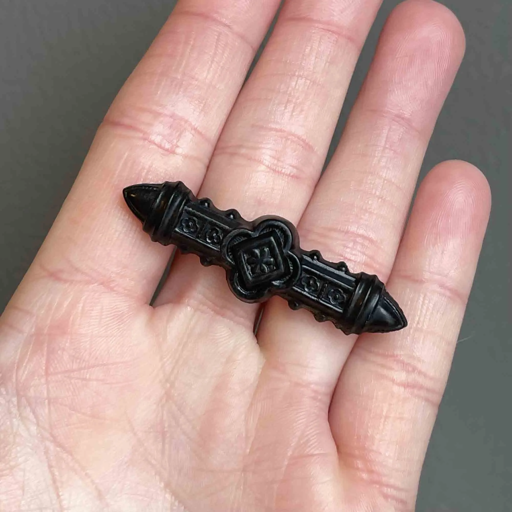 Antique Victorian Carved Bog Oak Brooch