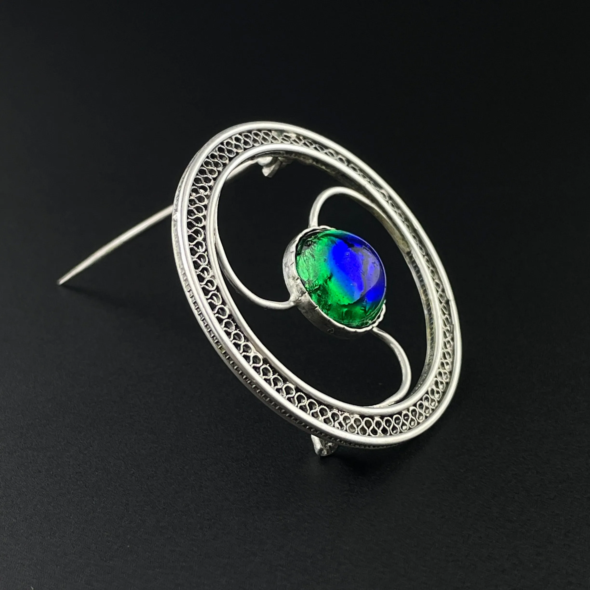 Art Deco Silver Peacock Eye Brooch Pin