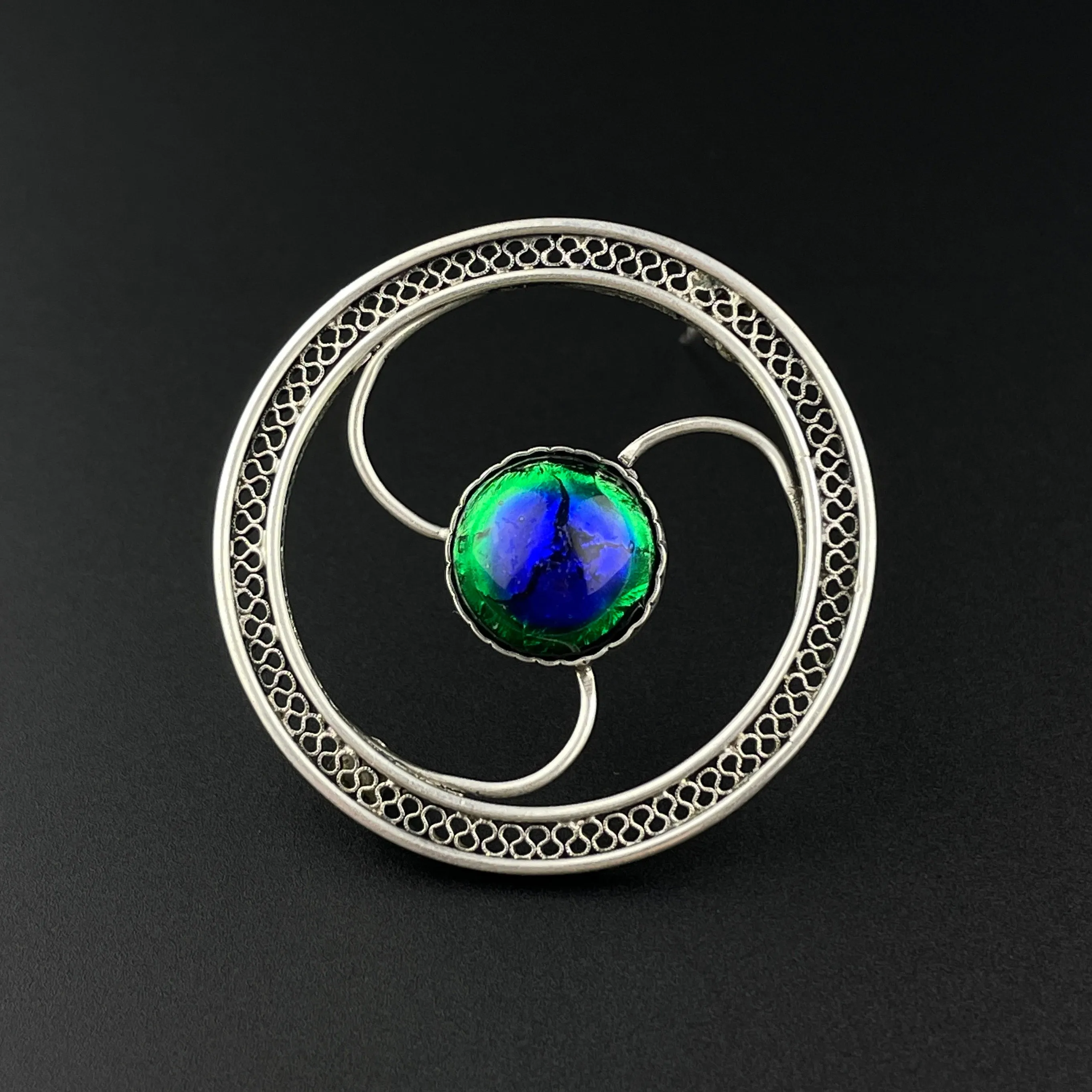 Art Deco Silver Peacock Eye Brooch Pin