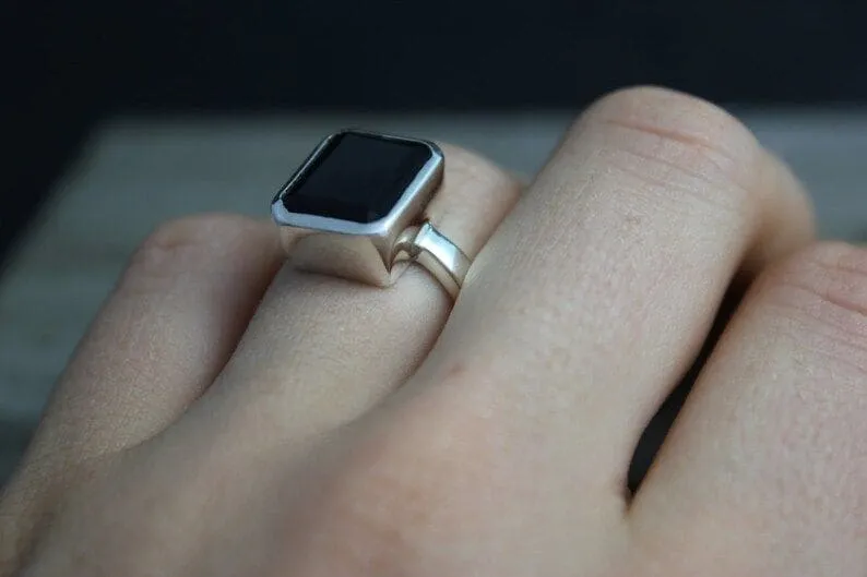 Black Onyx Ring, Black Onyx, Rectangle Solitaire Ring, Gemstone Ring