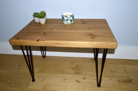 Chunky Redwood coffee table with Black hairpin steel legs