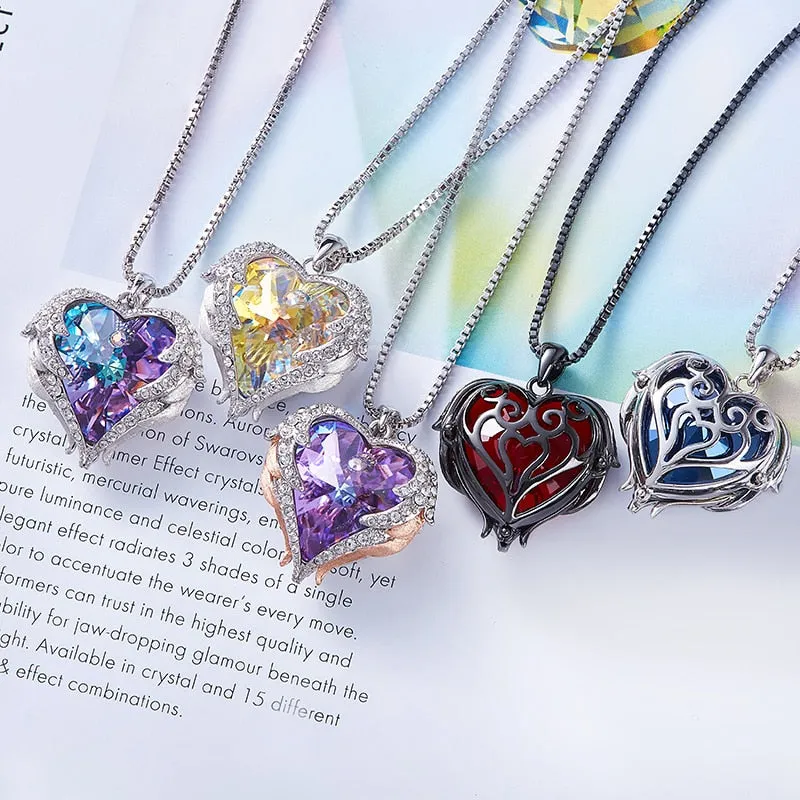 Crystal Heart Necklace- Crystal Purple Heart Necklace- Crystal Heart Angel Wings Necklace