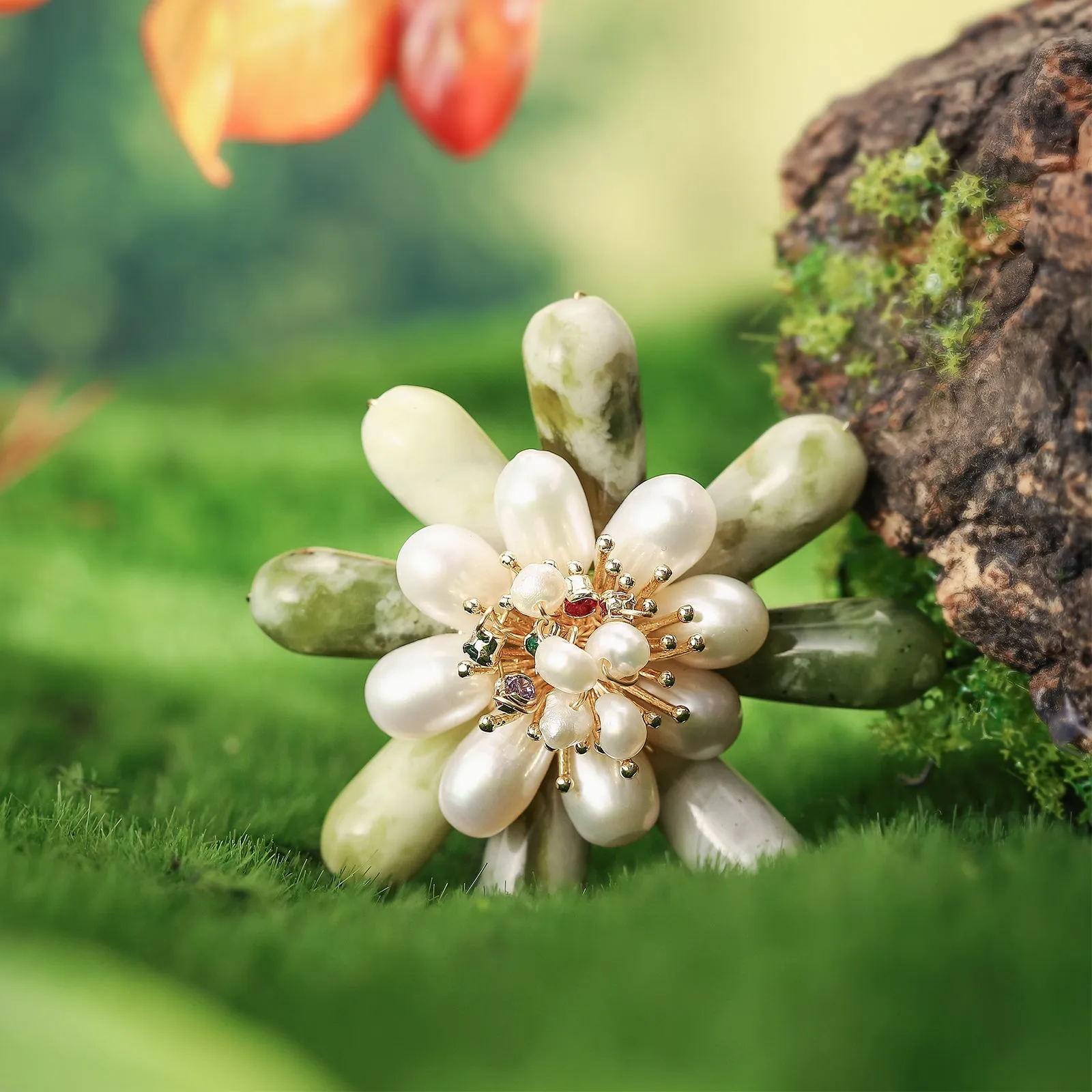 Emerald Pearl Flower Brooch