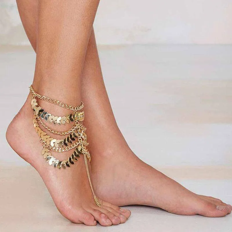 Exaggerated Multilayer Tassel Gold Color Anklet