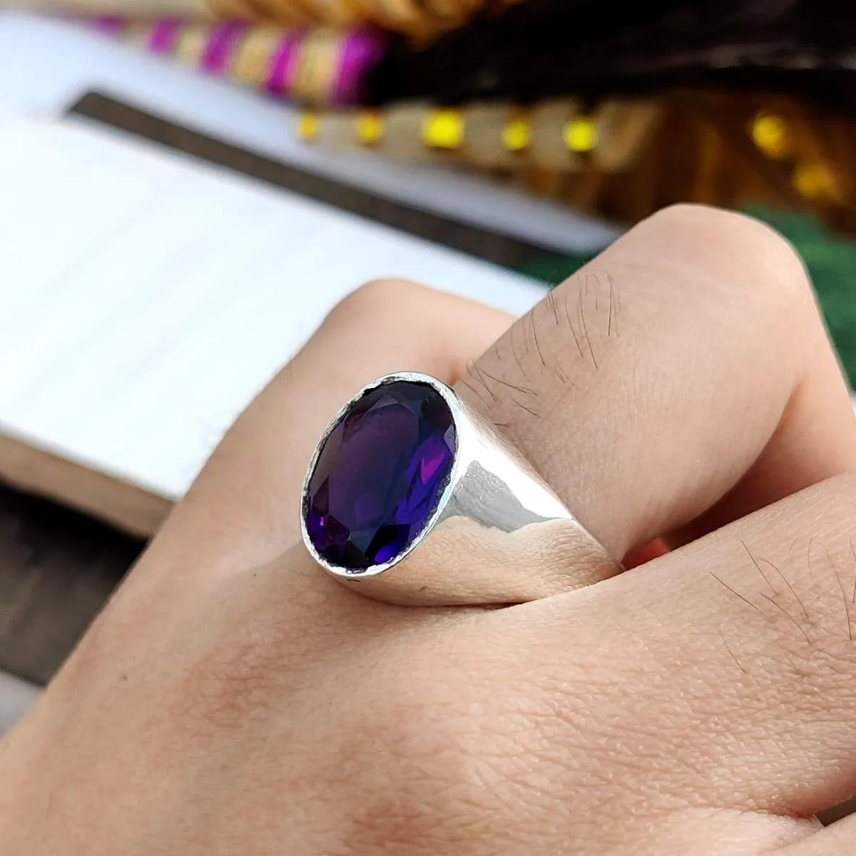 February Birthstone Ring, Natural Dark Purple Amethyst ring, Amethyst signet ring, 925 sterling silver, unisex ring, men's ring