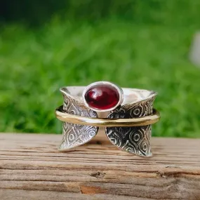 Garnet Ring, Spinner Ring, Anxiety Ring, Fidget Ring, 925 Silver Ring, Worry Ring, Thumb Ring, Boho Ring, Women Ring, Gift For Her Ring