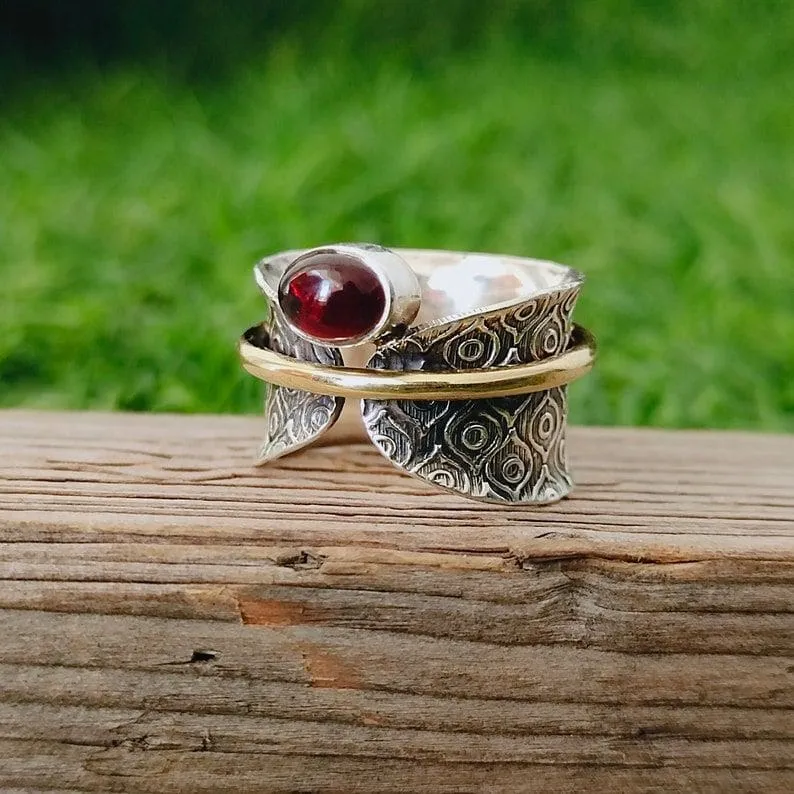 Garnet Ring, Spinner Ring, Anxiety Ring, Fidget Ring, 925 Silver Ring, Worry Ring, Thumb Ring, Boho Ring, Women Ring, Gift For Her Ring