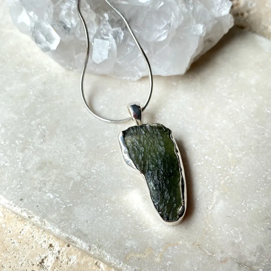 Moldavite Pendant - Silver Contour