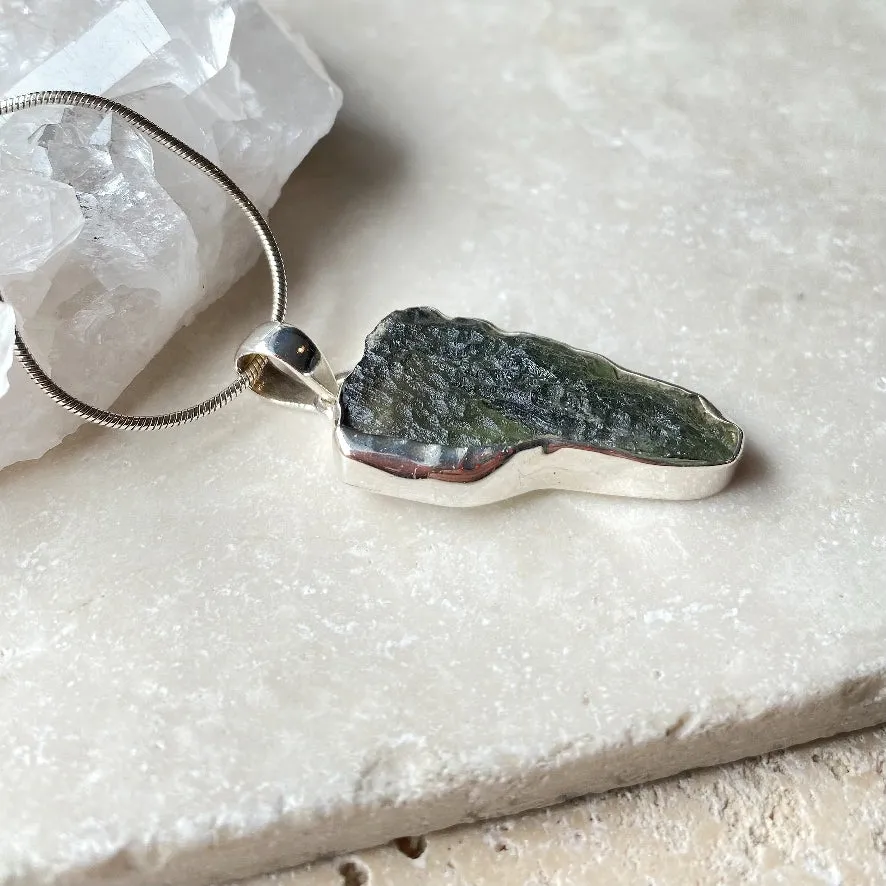 Moldavite Pendant - Silver Contour