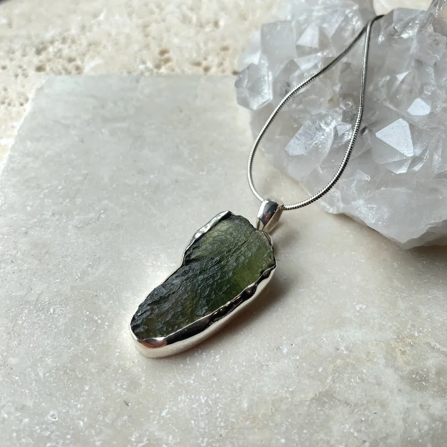 Moldavite Pendant - Silver Contour