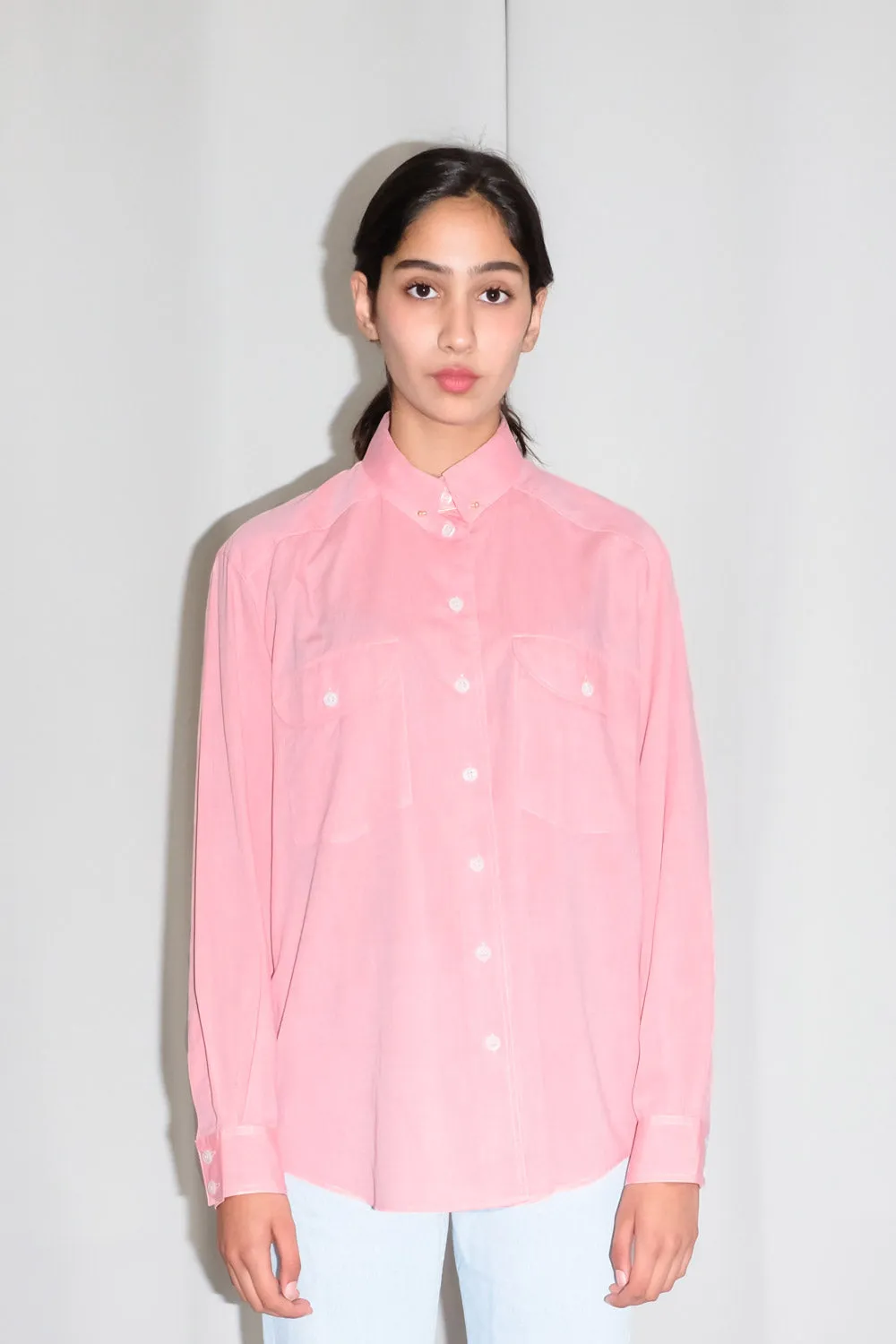 PINK BROOCH NECK COTTON SHIRT