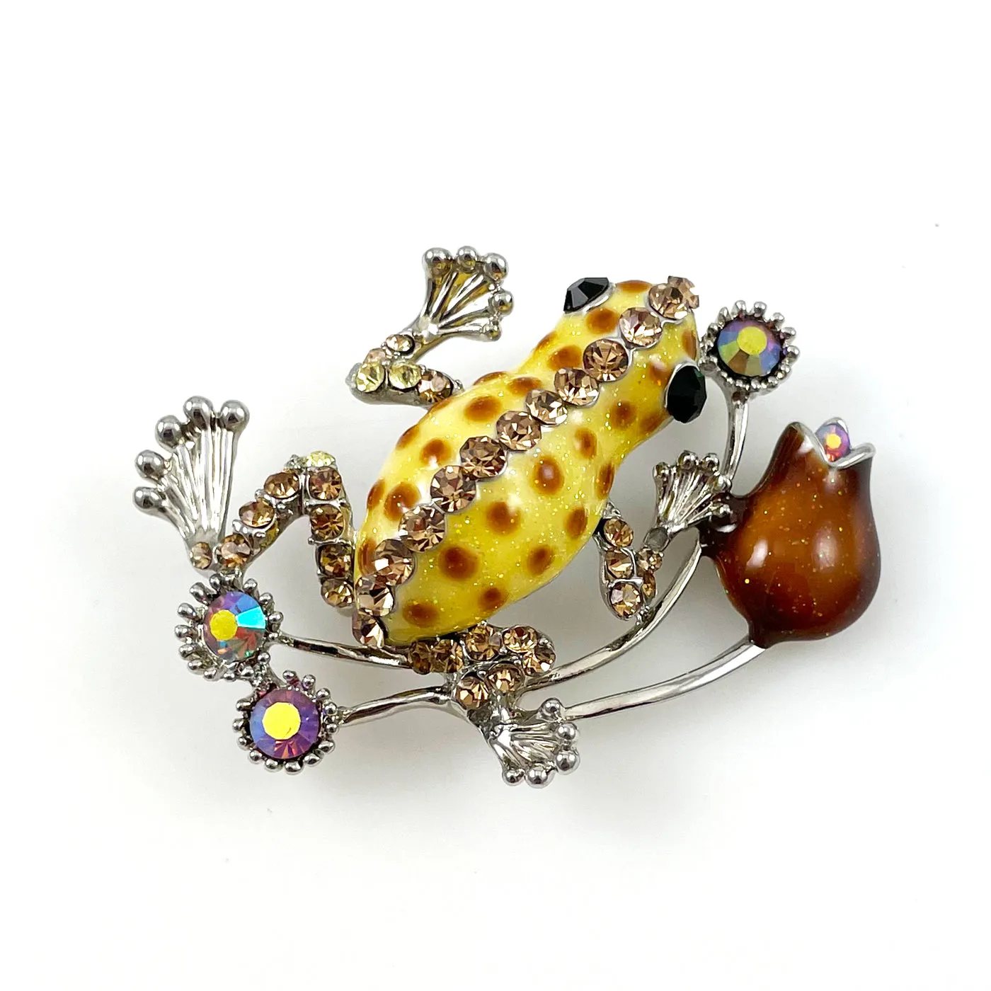 Rhinestone & Enamel Frog Brooch Vintage