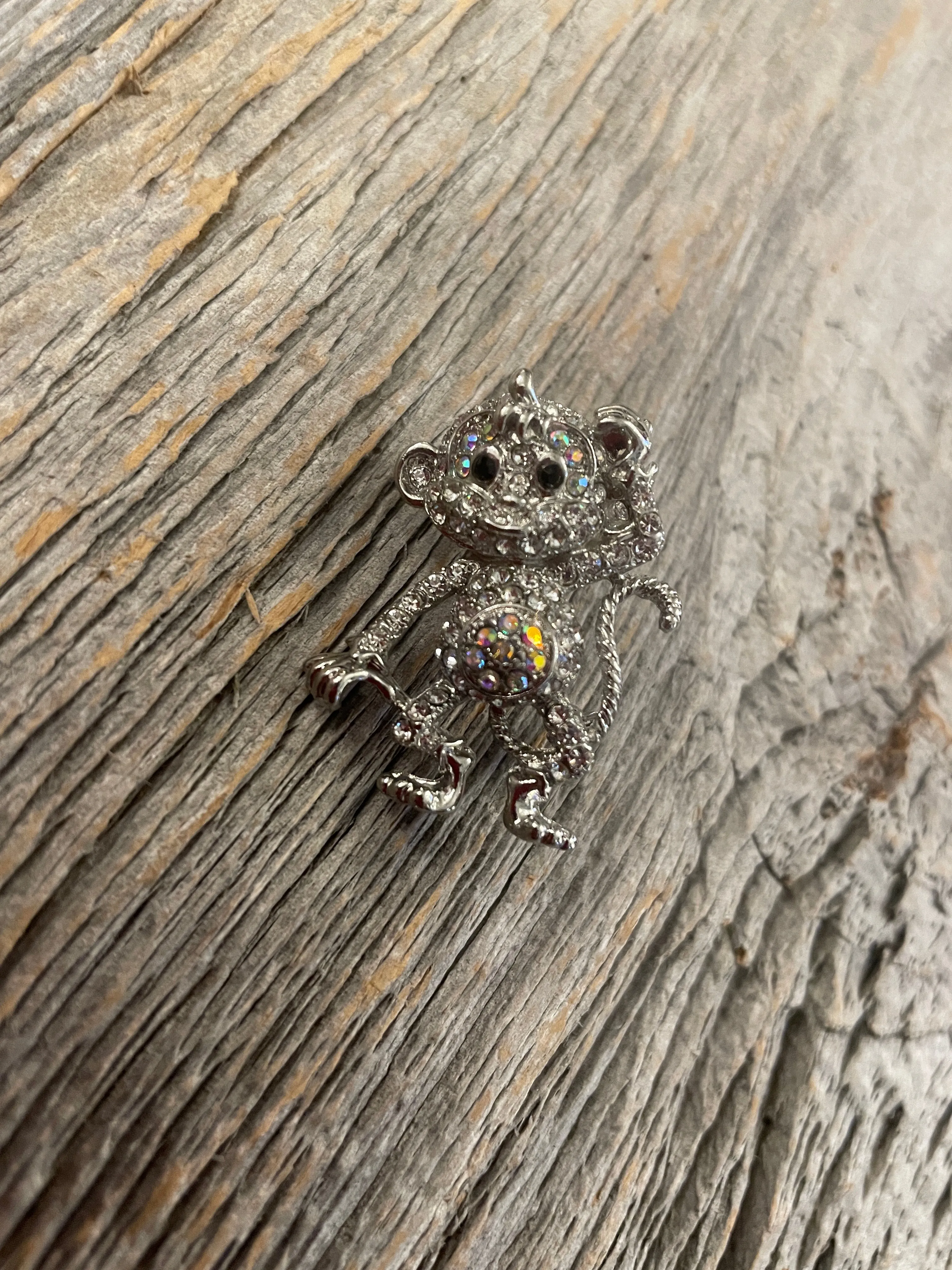 Rhinestone Silver Monkey Brooch Pin