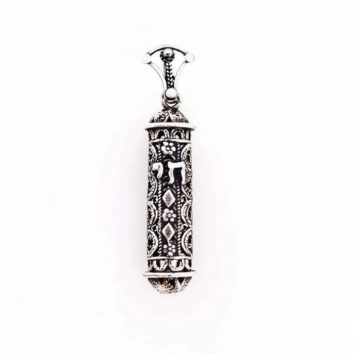 Sterling Silver Mezuzah Necklace, Filigree Chai Pendant Necklace