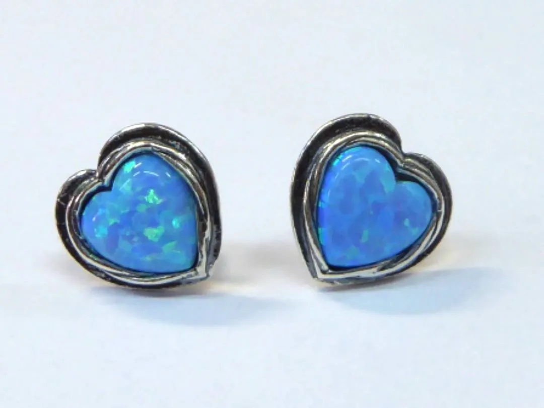 Stud Earrings Sterling silver Heart stud earrings set with Blue opals